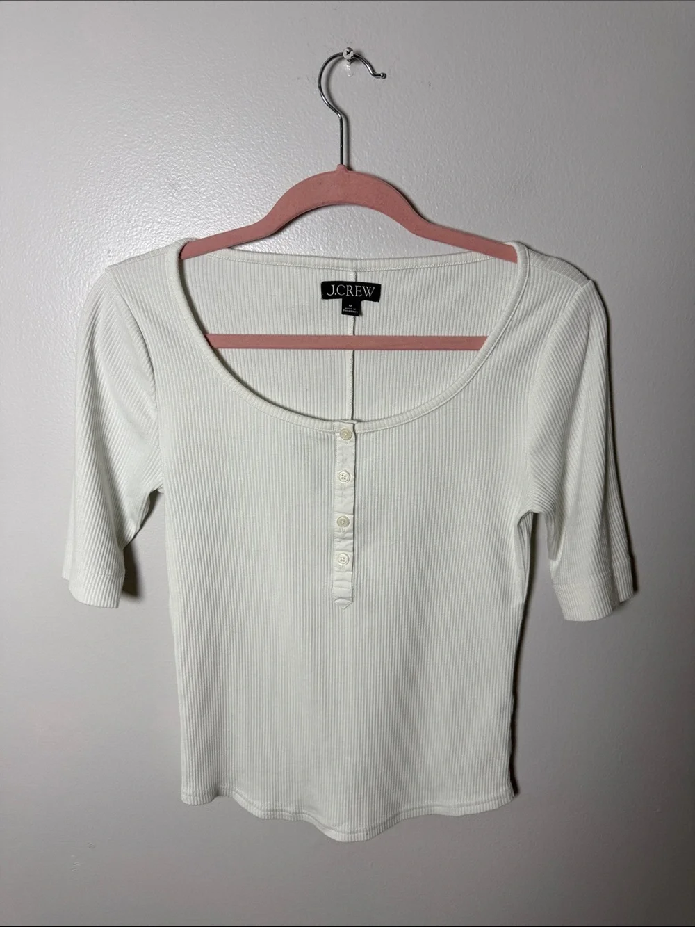 J. Crew Cream / White Ribbed Scoop-Neck Henley Tee Size Medium